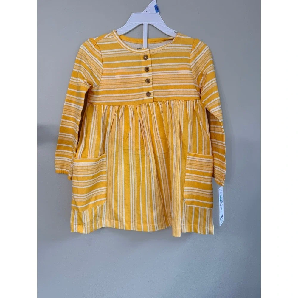 Carter's Striped Dress Toddler Girl 24M Yellow Long Sleeve Pockets NWT